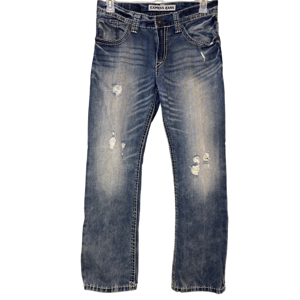 Express Kingston Classic Fit Boot Cut Distressed Blue Jeans 31x30 Medium Wash